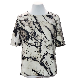 FRNCH Abstract print pleated key hole short sleeve top